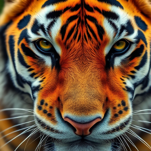generate a high-resolution image of a tiger's fur texture with vibrant orange and black stripes using a DSLR camera at f/4, 1/250s, ISO 100, shooting in macro mode from a close-up view to enhance detail and clarity