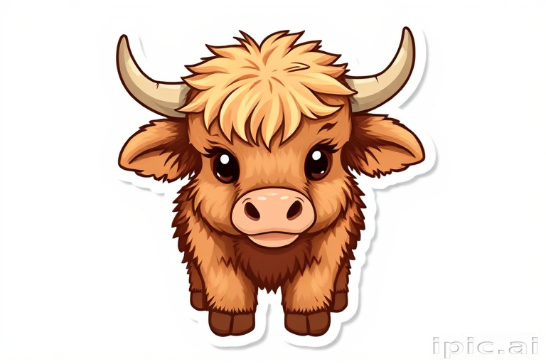 sticker design, adorable, furry, baby, highland cow, white background
