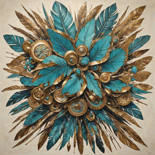 Abstract style art of (Fixated Painting:1.3) of (Sketched:1.3),(Energetic:1.3) Turquoise,    polygon,  elements,  Ivory,    Amber, Gold,  Bronze,   Amethyst,    Animal,  Ring,       embroidery, Tattooed Skin: Body art created with ink injected into the skin.,Bronze Bells: Bells cast from bronze, used in religious ceremonies and for signaling.,Girdle: A belt or sash worn around the waist, often decorative.,Palm Fronds: Large, fan-like leaves from palm trees. <lora:c0ntr4stbwXLP:1> c0ntr4stbw,(by Artist P.A. Works:1.3),(Modern European Ink Painting:1.3),(Low Contrast:1.3), Non-representational, colors and shapes, expression of feelings, imaginative, highly detailed