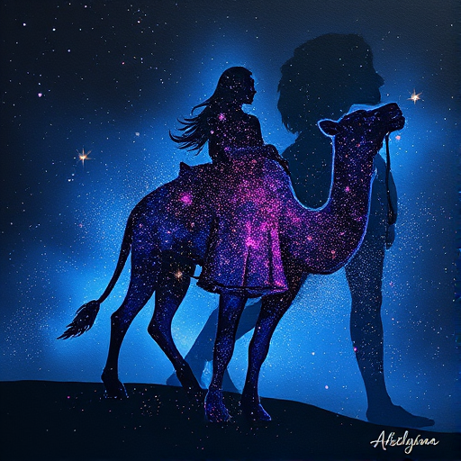 Captivating conceptual render alcohol ink art, double exposure, the paint strokes artfully merge combining a woman's full silhouette with a Cordial camel's silhouette. The figures are composed of a series of colored dots, lines & spots that evoke the image of a cosmic galaxy, colors are deep shades of blue purple & black with flashes of white & silver representing distant stars. The woman's silhouette is formed within the lion's silhouette from constellations of scattered stars, surreal
