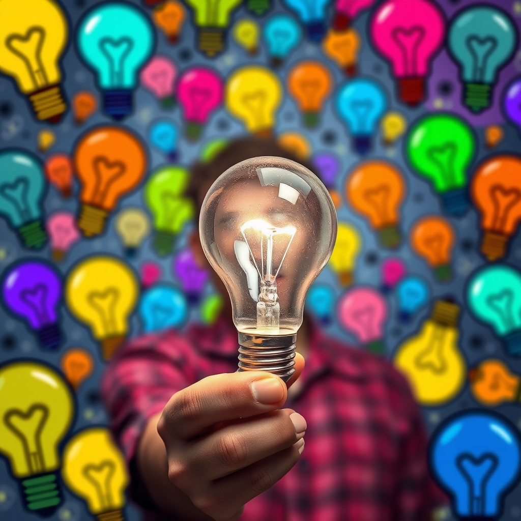 Create an image of a person holding a light bulb in a vibrant, abstract background filled with colorful light bulb illustrations, using a DSLR camera with a 50mm lens, aperture set at f/1.8, ISO 200, and a shallow depth of field to enhance the subject clarity and produce a blurred background effect.