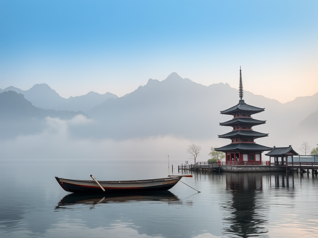 Regenerate a serene landscape featuring misty mountains and a traditional pagoda by the water, with a rowboat in the foreground, captured using a DSLR camera with a 50mm lens, aperture f/8, ISO 100, in soft natural lighting, and a wide-angle view to enhance depth and detail.