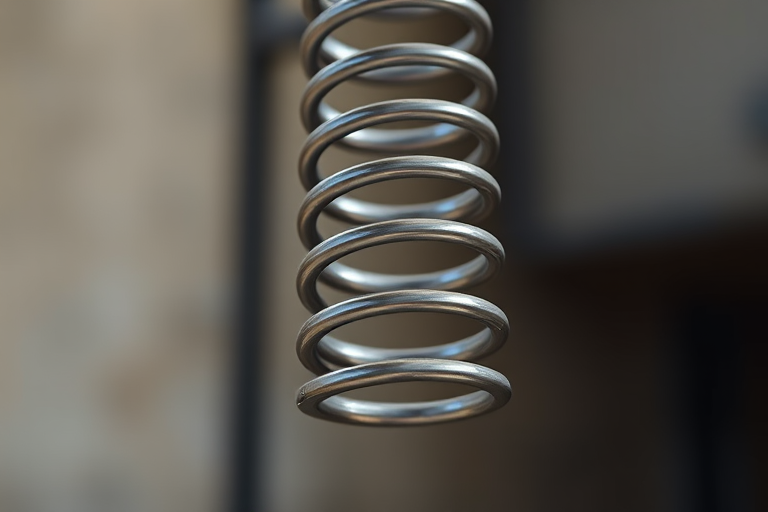 high-resolution close-up of a heavy-duty coil spring suspended vertically with sharp focus, natural lighting, DSLR camera, f/2.8 aperture, 50mm lens, ISO 100, soft background blur
