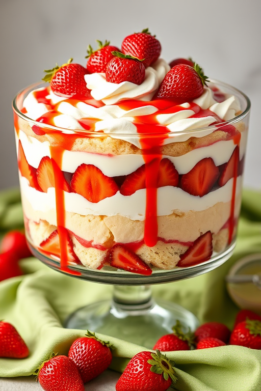 Create an image of a large trifle dessert in a glass bowl featuring layers of fluffy vanilla cake, fresh strawberries, whipped cream, and strawberry sauce garnished with whole strawberries on top with a green cloth and scattered strawberries around the base.