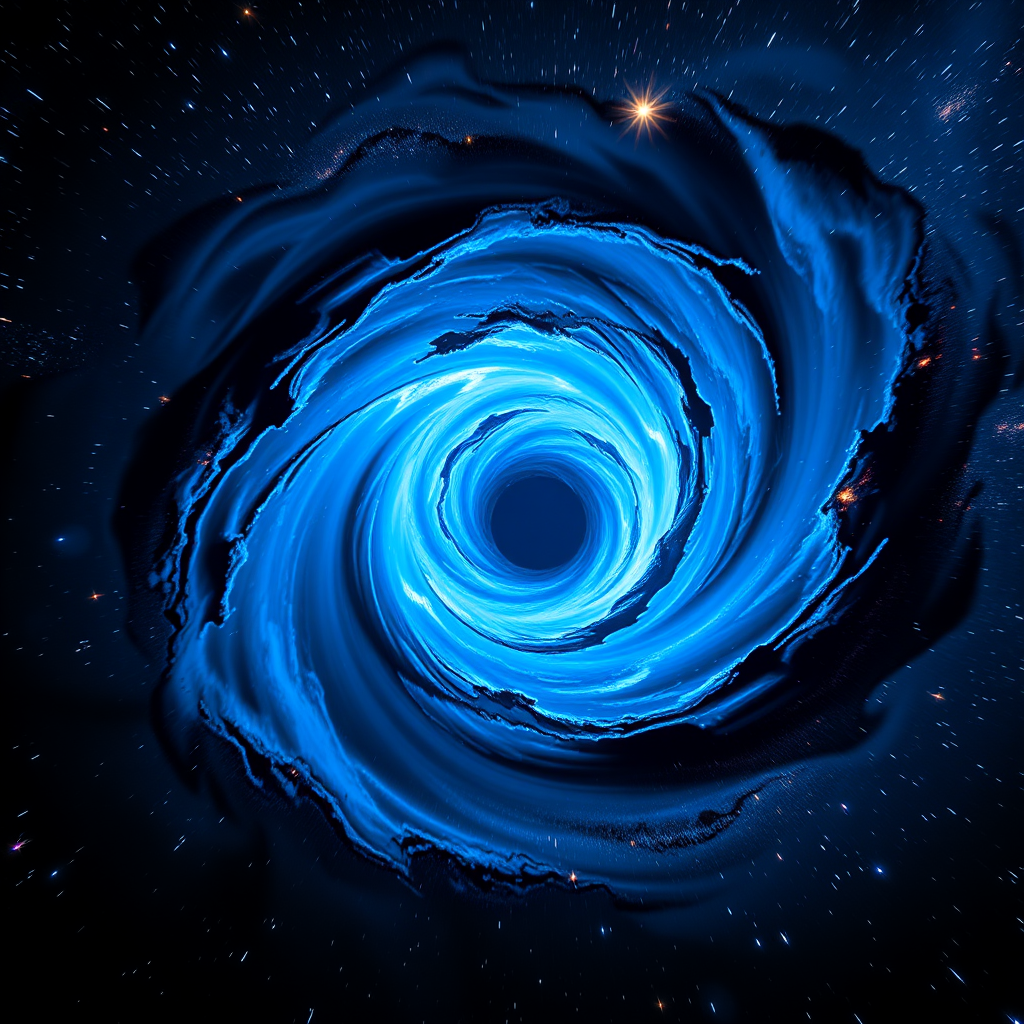 Create a high-resolution image of a swirling blue vortex resembling a black hole, with vibrant stars and cosmic elements surrounding it, shot with a Canon EOS R5 at f/8, ISO 100, and a 24mm lens, using a low-angle perspective for depth.