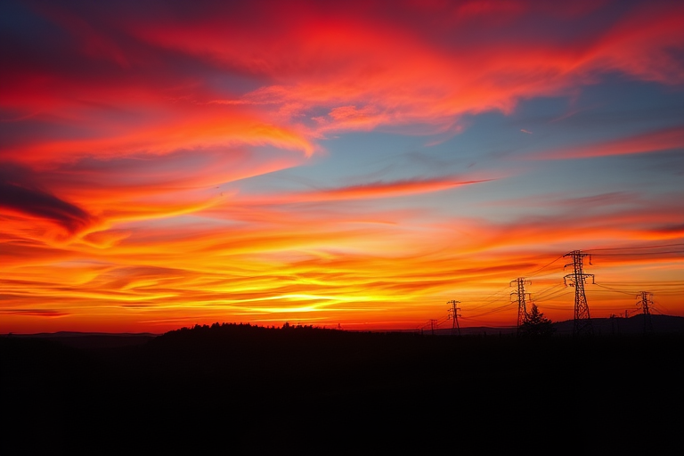 Capture a vibrant sunset over hills with silhouettes of trees and utility poles, using a DSLR camera, aperture f/8, shutter speed 1/200 sec, ISO 100, wide-angle lens, and a low angle view to enhance color saturation and contrast.