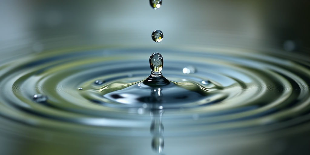 high-speed camera close-up of water droplets falling and creating ripples on a surface, aperture f/2.8, shutter speed 1/1000s, ISO 200, natural light, shallow depth of field, 50mm lens