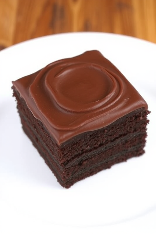 Chocolate cake with smooth chocolate frosting on top, square piece on a white plate, soft texture, rich dark color, simple presentation, appetizing and inviting.