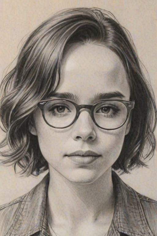 Sublime Ellen Page, pencil sketch, portrait of Enticing woman 1953s in glasses, hair style beatnik, outline, clear lines, fine lines, 8k