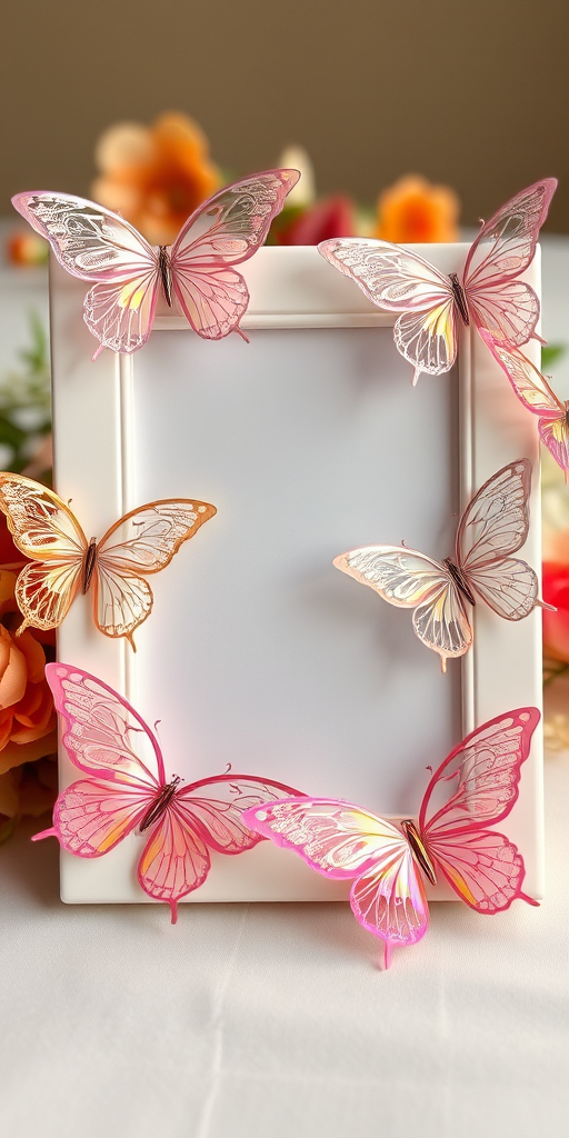 Create an image of delicate, intricately designed butterflies made from translucent material. The butterflies should have a lace-like pattern and display a rainbow iridescence. Arrange them artistically around a simple, elegant picture frame on a smooth, light-colored surface, with a few flowers in the background for added color.