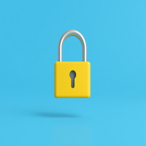 generate a high-resolution 3D illustration of a yellow padlock on a solid blue background, camera settings: ISO 100, aperture f/8, shutter speed 1/60s, camera view: frontal view, camera style: minimalistic, camera type: DSLR