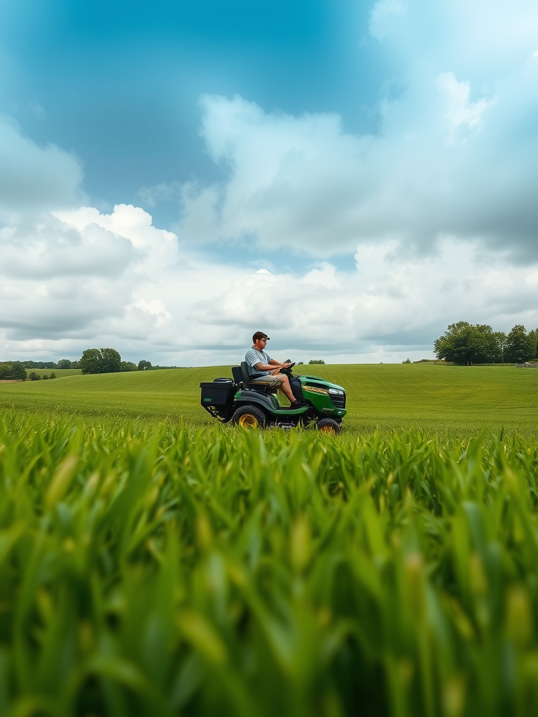 lush green landscape with a person mowing grass on a riding mower under a cloudy sky, captured with a Canon EOS 90D, 35mm lens, f/8 aperture, 1/250s shutter speed, and ISO 100, in a wide-angle view to emphasize the depth of the scene and the height of the grass.