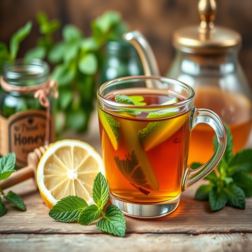 Generate an image of a clear glass cup of tea with mint leaves and a lemon slice beside it, surrounded by a vintage teapot, honey jar, and fresh mint on a wooden surface, using a DSLR camera with a 50mm lens, aperture set to f/2.8 for shallow depth of field, ISO 100 for fine detail, and a natural light setting for a warm ambiance.
