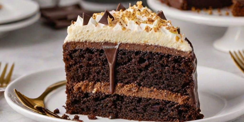 Create an image of a slice of layered chocolate cake on a white plate. The cake should have multiple layers filled with rich chocolate frosting and a crumbly topping. Include a golden fork resting beside the plate, and use a light marble background to enhance the presentation. Make the cake appear decadent and inviting.