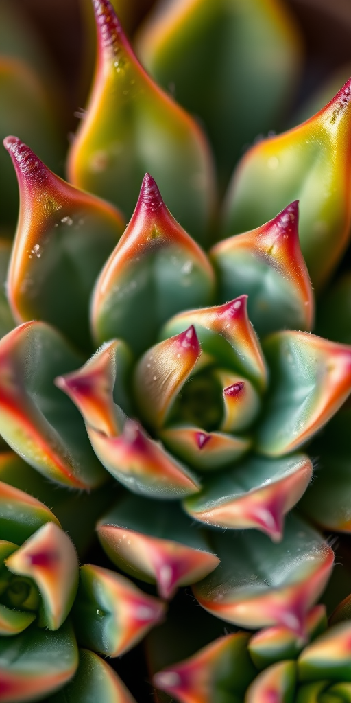 macro shot of succulent leaves with detailed textures and vibrant colors, 100mm macro lens, f/2.8 aperture, ISO 100, natural light, shallow depth of field, DSLR camera