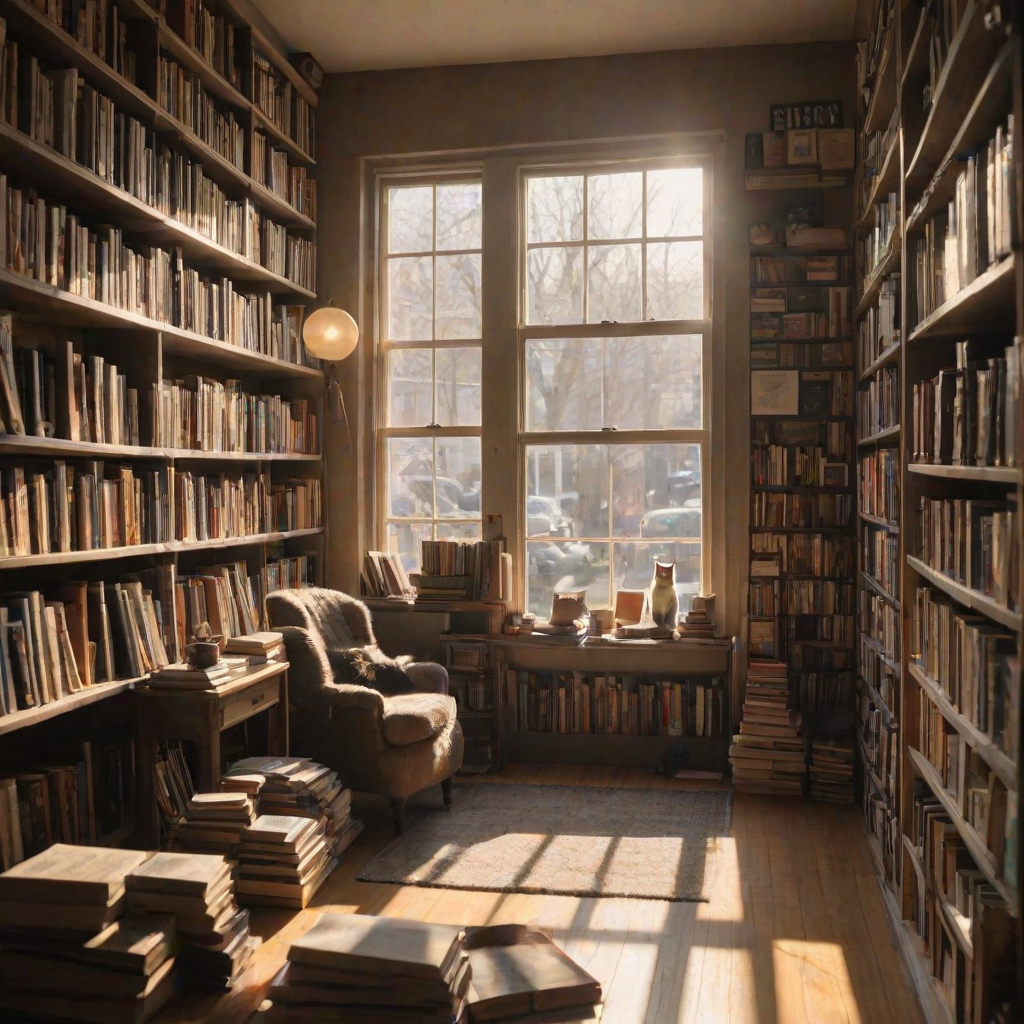 Clear, detailed shot of a cozy bookstore, shelves packed with old and new books, sunlight streaming through the front windows, a cat lounging on the counter, a customer flipping through a book at a small reading nook, soft background music playing from hidden speakers.