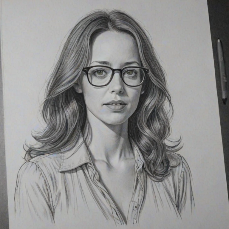 Magnificent Amy Acker, pencil sketch, portrait of Bewitching woman 1972s in glasses, hair style beatnik, outline, clear lines, fine lines, 8k