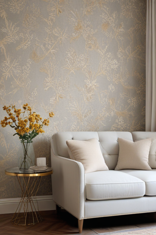 Cozy Living Room with Elegant Floral Wallpaper and Stylish Sofa Design