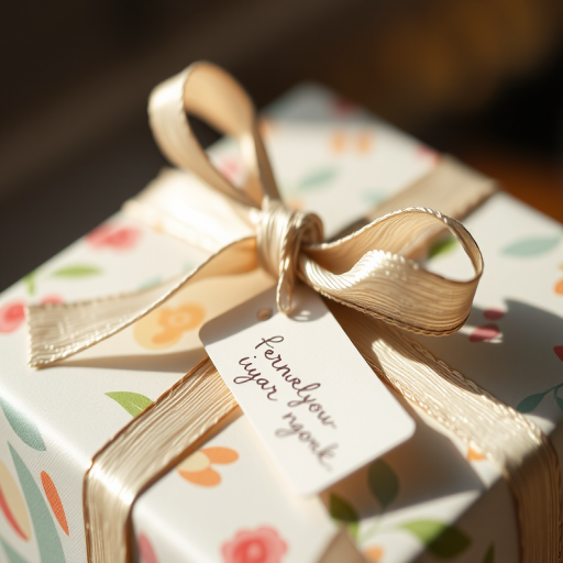 Close-up of a beautifully wrapped gift with a delicate bow, soft light highlighting the colorful paper and a handwritten tag resting on top.