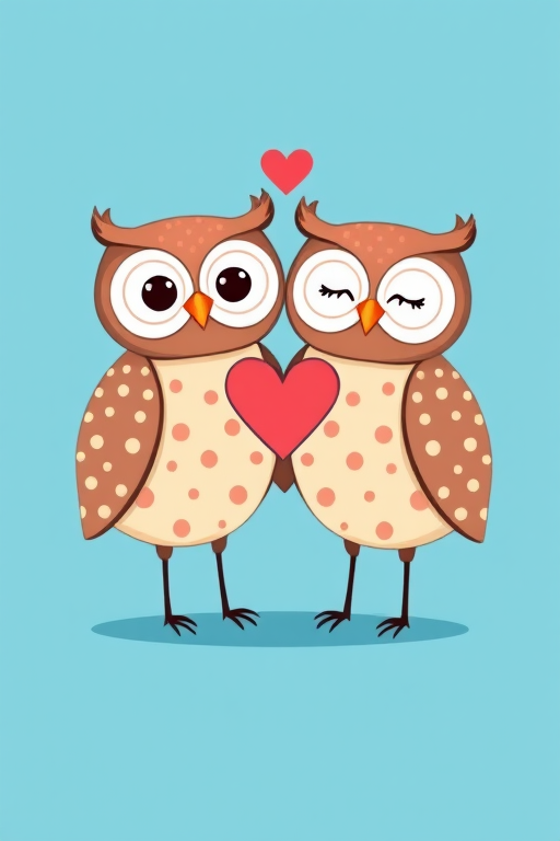 Create an illustration of two cartoon owls with polka dots, standing next to each other, with a heart symbol between them, set against a solid blue background, shot with a digital camera at f/8 aperture, ISO 100, 50mm lens, in bright, natural lighting for vibrant colors and sharp details.
