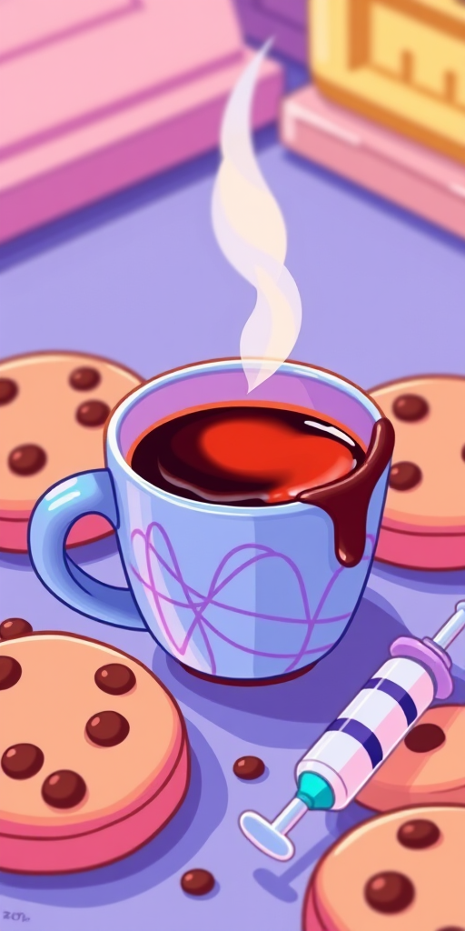 create a vibrant and colorful illustration of cookies with a cup of coffee and a syringe, in a playful cartoon style, using a Canon EOS R5, 50mm lens, f/1.8 aperture, ISO 100, with a soft focus background to enhance the main subjects