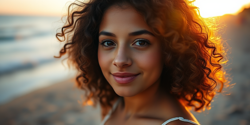 portrait of a young woman with curly hair by the beach during golden hour, soft natural lighting, f/1.8 aperture, 50mm lens, ISO 100, shallow depth of field, captured with a DSLR camera