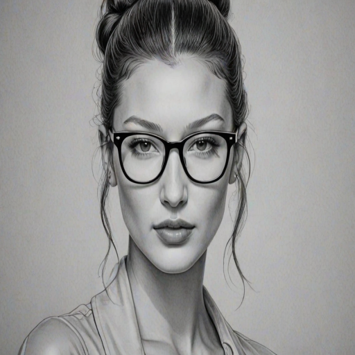 Stunning Bella Hadid, pencil sketch, portrait of Charming woman 1926s in glasses, hair style beatnik, outline, clear lines, fine lines, 8k