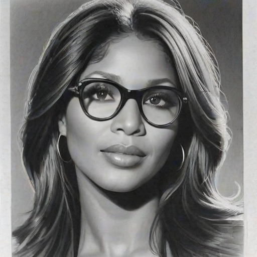 Dazzling Toni Braxton, pencil sketch, portrait of Lovely woman 1970s in glasses, hair style beatnik, outline, clear lines, fine lines, 8k