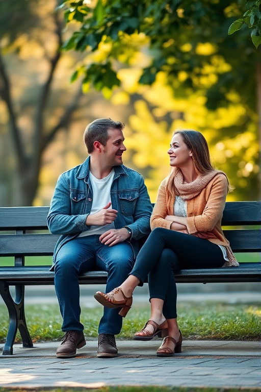 Create a high-resolution image of a man and a woman sitting on a park bench engaged in a conversation, with a blurred background of greenery and soft sunlight, shot with a 50mm lens at f/1.8, ISO 200, shutter speed 1/200s, using a DSLR camera for a natural and vibrant look.