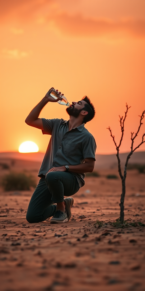 A man kneeling in a desert landscape, drinking water from a bottle with a small struggling tree nearby, vibrant sunset in the background, soft focus, 85mm lens, aperture f/2.8, ISO 100, natural lighting, high dynamic range, cinematic style.