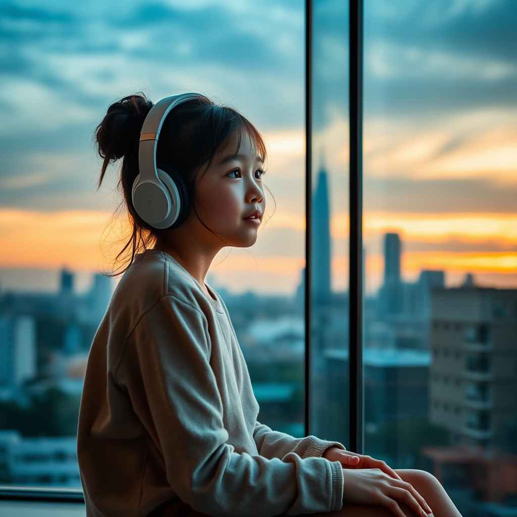 A young girl with headphones sitting by a window at sunset, city skyline in the background, warm lighting, serene atmosphere, shot with a 50mm lens, f/1.8 aperture, ISO 400, soft focus, natural daylight, digital art style.
