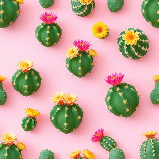 generate a seamless pattern of colorful cacti with pink and yellow flowers on a soft pink background, using a Canon EOS R5, 35mm lens, aperture f/8, ISO 100, in natural light for bright and vibrant colors, capturing fine details and sharpness.