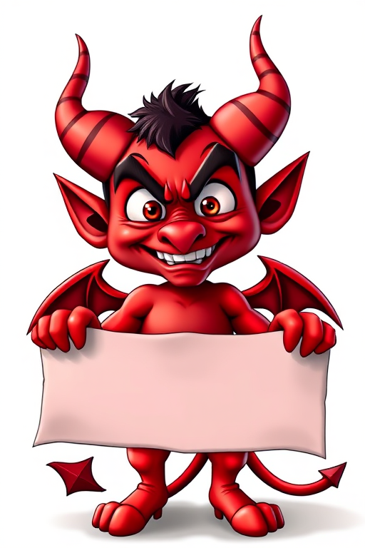 Create a digital illustration of a cartoon devil character with exaggerated features, holding a blank banner, with a vibrant red color scheme, high contrast, set against a transparent background, in a 4K resolution using a Canon EOS R5, f/2.8, 24mm lens, shooting in RAW format with soft lighting.