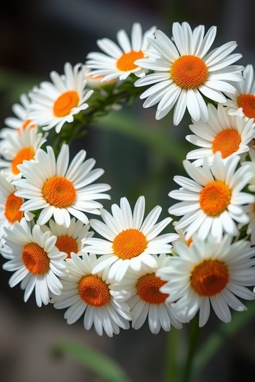 Floral wreath of white daisies with orange centers on a transparent background, macro lens, f/2.8 aperture, 50mm focal length, natural lighting, DSLR camera, high resolution.
