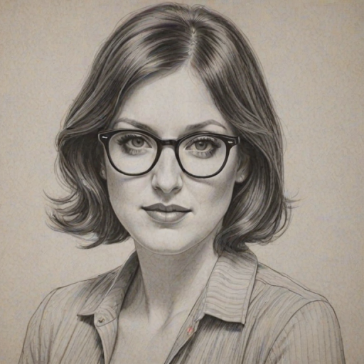 Stunning Allison Tolman, pencil sketch, portrait of Comely woman 1965s in glasses, hair style beatnik, outline, clear lines, fine lines, 8k