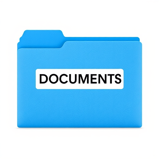 Create an image of a blue folder labeled "DOCUMENTS" with a sleek, glossy finish, captured with a DSLR camera at f/4 aperture, ISO 100, 1/60s shutter speed, using a macro lens to highlight texture and detail against a white background.