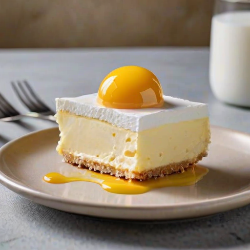 Create an image of a slice of creamy white dessert on a light plate. The dessert should have a smooth, textured surface and a glossy yolk drizzling from the center. Include a fork resting beside the dessert, with a small bowl of granulated sugar in the background. The setting should have a clean, minimalist aesthetic with soft lighting.