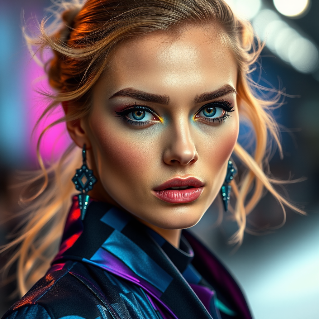 Runway capture, a beautiful model, vibrant colors, metallic textures, high fashion editorial , a 100mm macro lens to get extreme close-ups of intricate details like fabric stitching, accessories, or makeup artistry