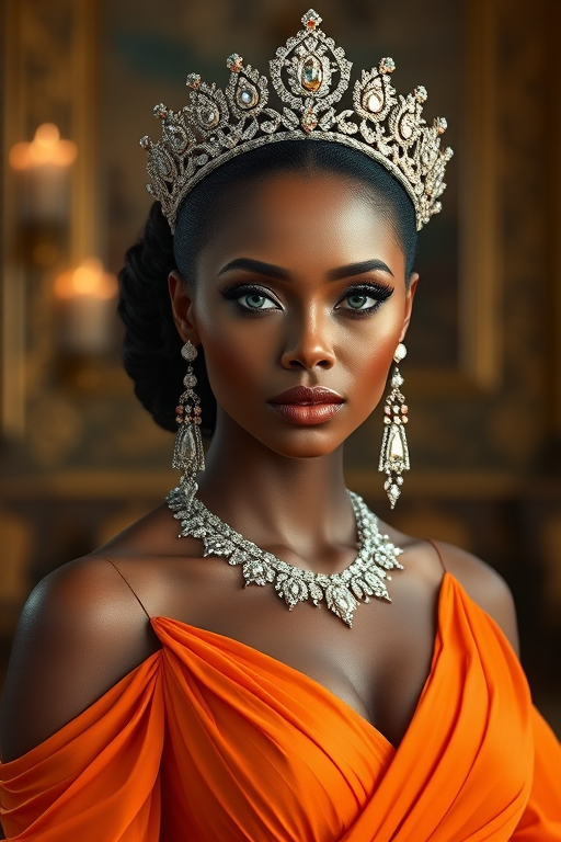 A gorgeous Tongan woman in a luxurious orange gown, accessorized with a dazzling tiara and statement earrings, her deep cyan eyes highlighted by impeccable makeup, poised in a royal setting, photorealistic, 8K quality