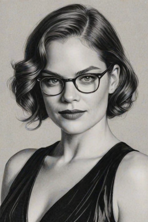 Alluring Ruth Wilson, pencil sketch, portrait of Dazzling woman 1920s in glasses, hair style beatnik, outline, clear lines, fine lines, 8k