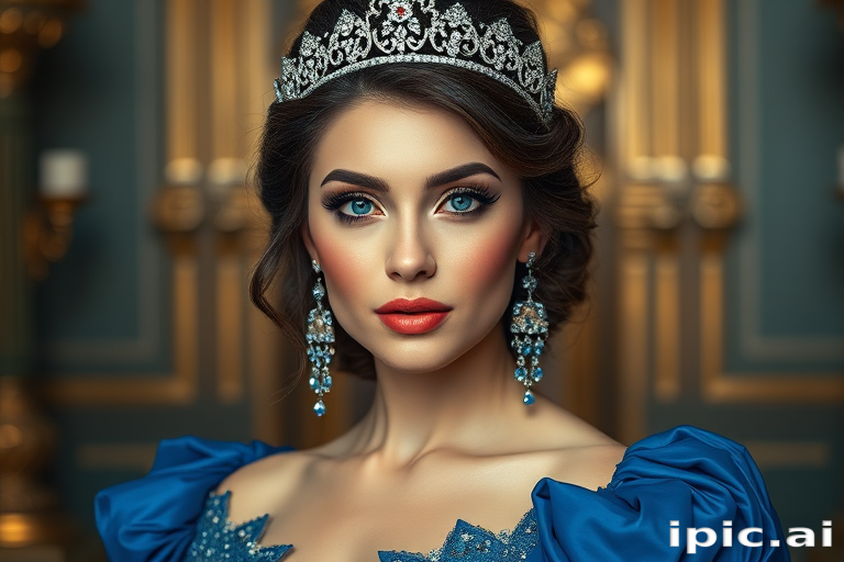 A gorgeous woman in a luxurious blue gown, accessorized with a dazzling tiara and statement earrings, her deep blue eyes highlighted by impeccable makeup, poised in a royal setting, photorealistic, 8K quality
