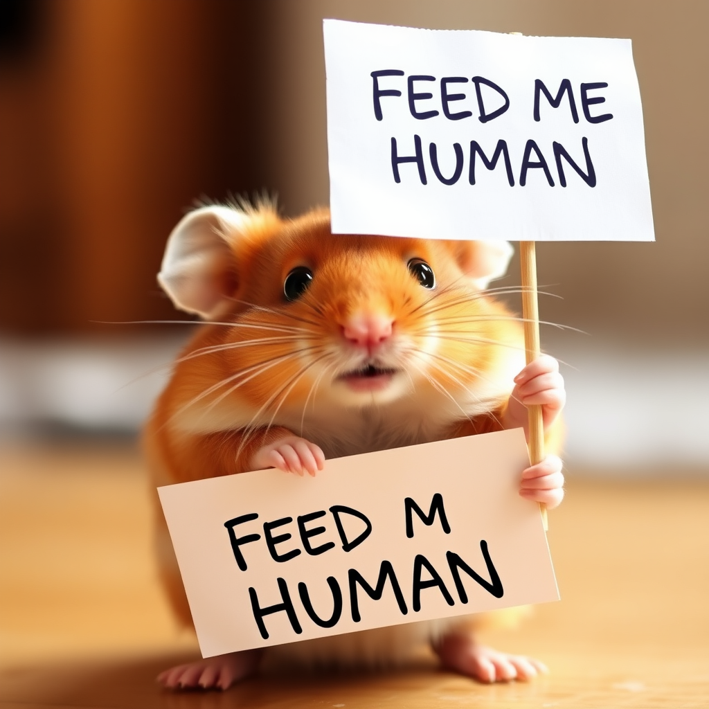 hamster holding a note which says "FEED ME HUMAN"