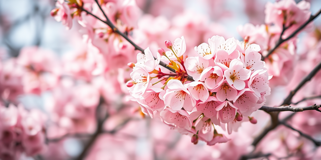 A close-up shot of a cherry blossom tree in full bloom during springtime, taken with a DSLR camera at f/1.8 aperture, ISO 100, and a focal length of 50mm, using a soft focus style to enhance the pink hues and details of the blossoms against a slightly blurred background.