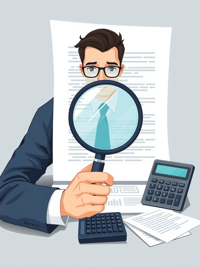Create a professional illustration of a businessman in a suit holding a magnifying glass in front of a large document and a calculator, using a high-resolution camera with a 50mm lens, f/2.8 aperture, ISO 100, natural lighting, and a wide-angle view for clarity.
