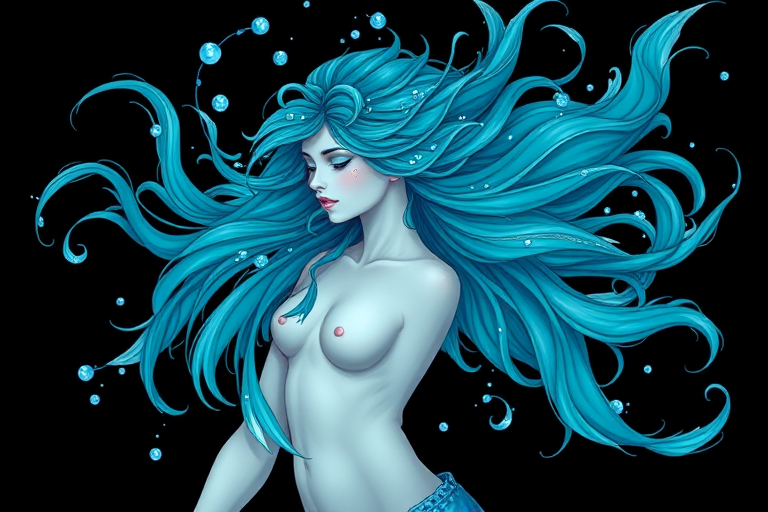 Create a detailed illustration of a mystical Aquarius figure with flowing hair and water elements, using a vibrant turquoise color palette, deep black background, high resolution, shot with a DSLR camera at f/1.8, ISO 100, 50mm lens, top-down view, soft lighting for a glowing effect.