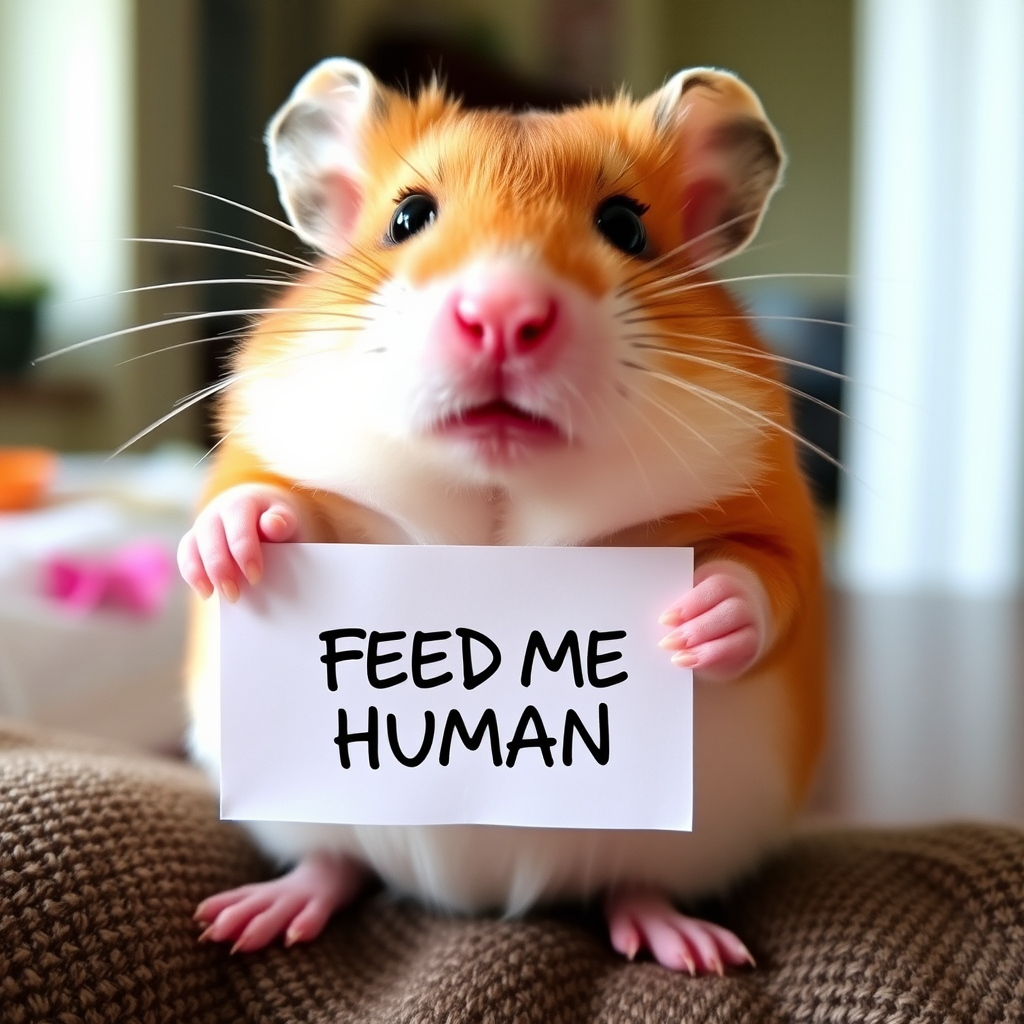 hamster holding a note which says "FEED ME HUMAN"