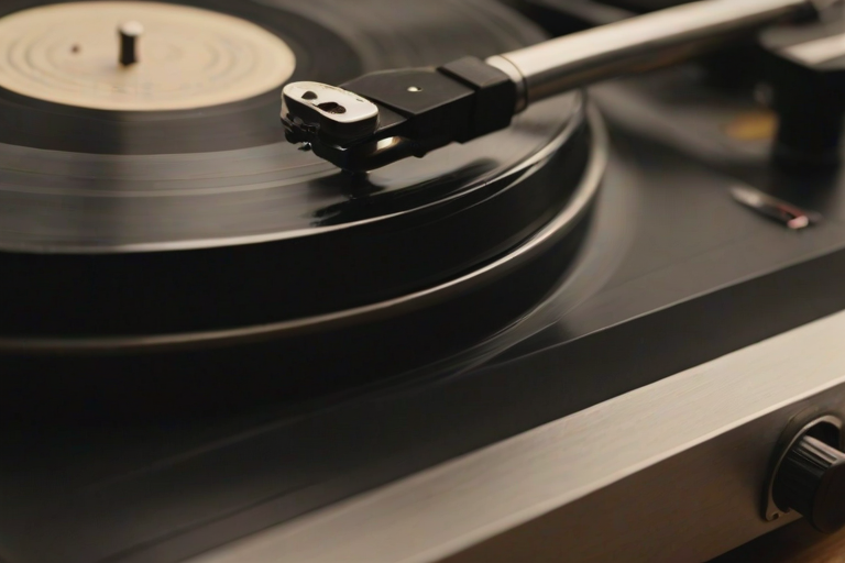Sharp, detailed close-up of a vintage vinyl record spinning on a turntable, soft light reflecting off the grooves, with a faint scratchy sound almost audible and soft background music playing.