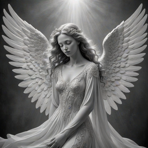 An angel, crafted in the unique style of Folk Art, as she unfolds herself against an ethereal backdrop, her wings softly billowing, face radiating a heavenly glow, every curl in her strikingly serene countenance finely brushed, monochrome, detailed techniques, ultra fine, breathtaking surreal masterpiece