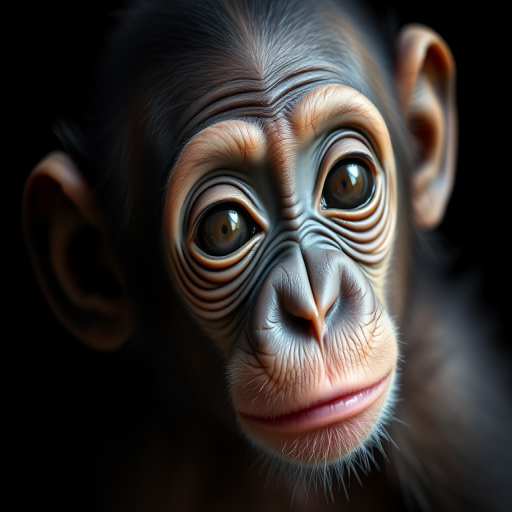 close-up portrait of a baby chimpanzee with expressive eyes, soft lighting, focus on facial features, shallow depth of field, camera settings: f/2.8, ISO 200, shutter speed 1/60, 50mm lens, DSLR camera, natural light, black background for contrast