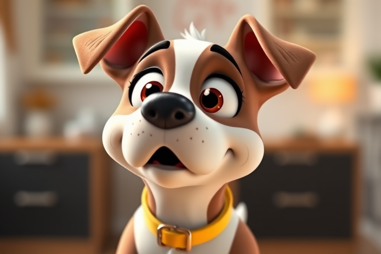 A cartoon-style dog with a surprised expression and a yellow collar, captured with a DSLR camera at f/2.8 aperture, ISO 200, and 50mm lens, using a shallow depth of field and bright lighting to enhance colors and details.
